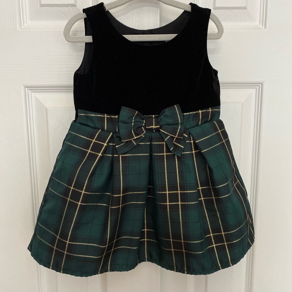 2T Holiday Black Velvet Dress with Green Plaid Skirt